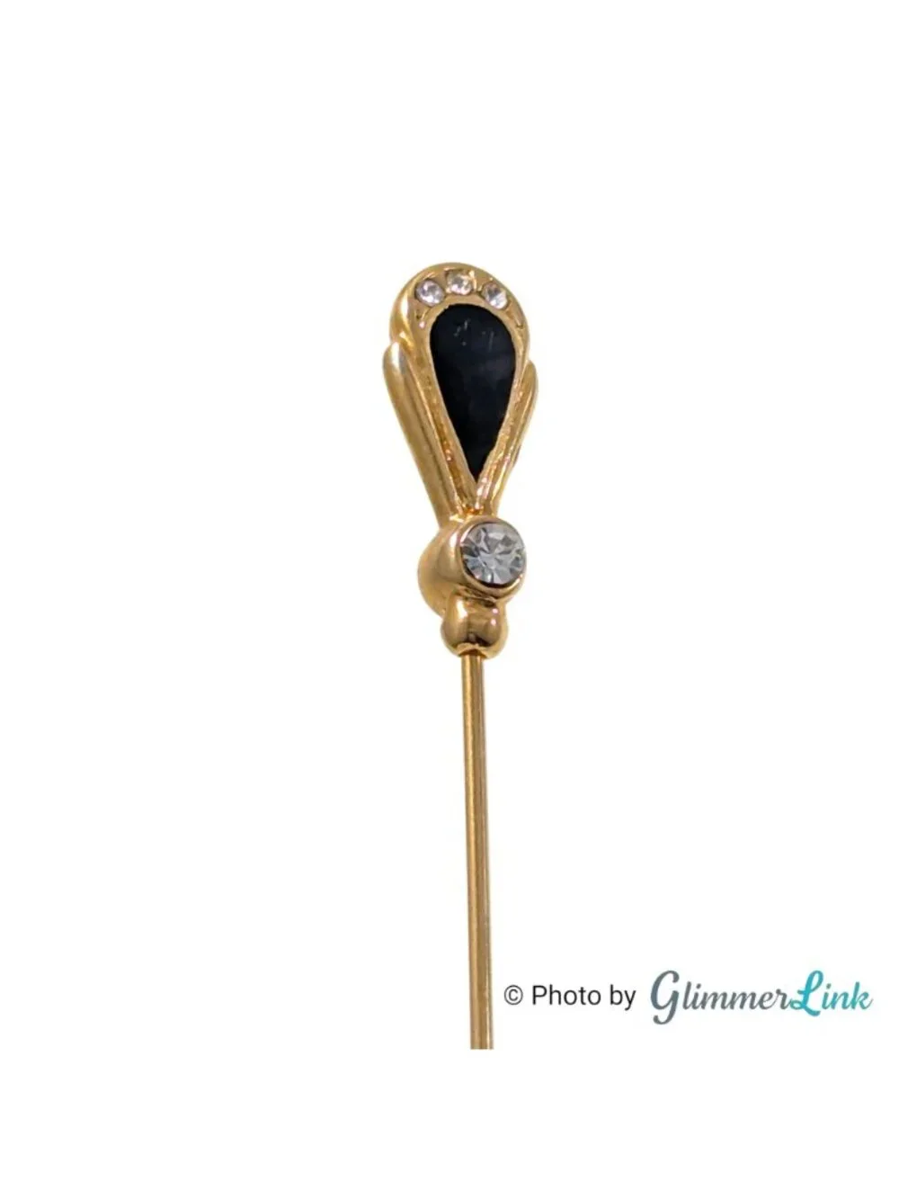 Vintage Gold Tone Black & Clear Rhinestone Art Deco Style Stick Pin